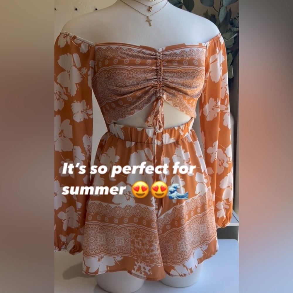 Floral Long Sleeve Romper in Orange and White